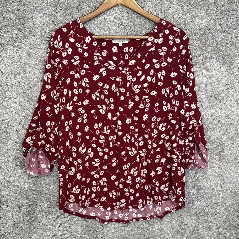 Beacon Women’s Blouse Top Floral Stretch V Neck Medium Roll Tab Sleeve